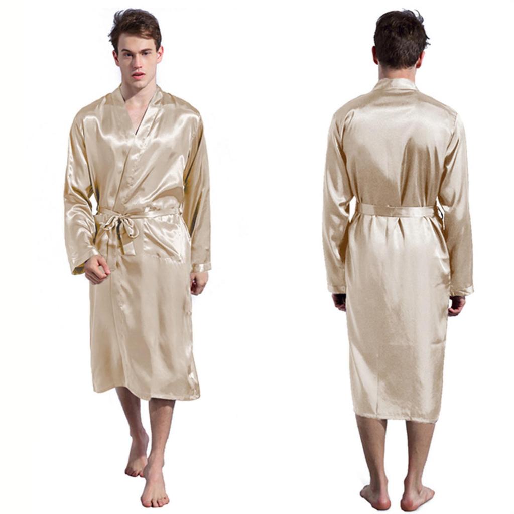 Мужские однотонные блестящие атласные пижамы и халаты с длинными рукавами