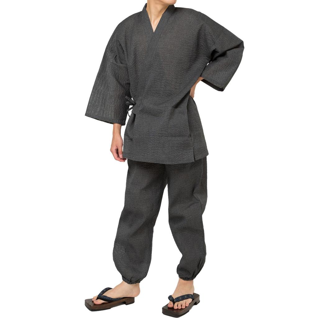 Factory Top and Bottom Solid Summer Japanese Cool and Elastic Size Y's Men's Shijira-woven Samue/Jinbei Set, Color, 100% Cotton, Loungewear, Pajamas,