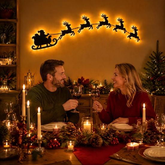 Holiday Gift for Family Lighted Santa Sleigh Reindeer Christmas Wall Decor with Remote, 3D Light Up Wood Peel Indoor Decoration And Stick Entryway