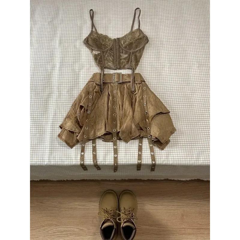 Harajuku Vintage Fashion 3 Piece Set Woman Short Cardigan + Slim Vest + Y2k E-Girl High Waist Skirt Hot Girls Korean Style Suit