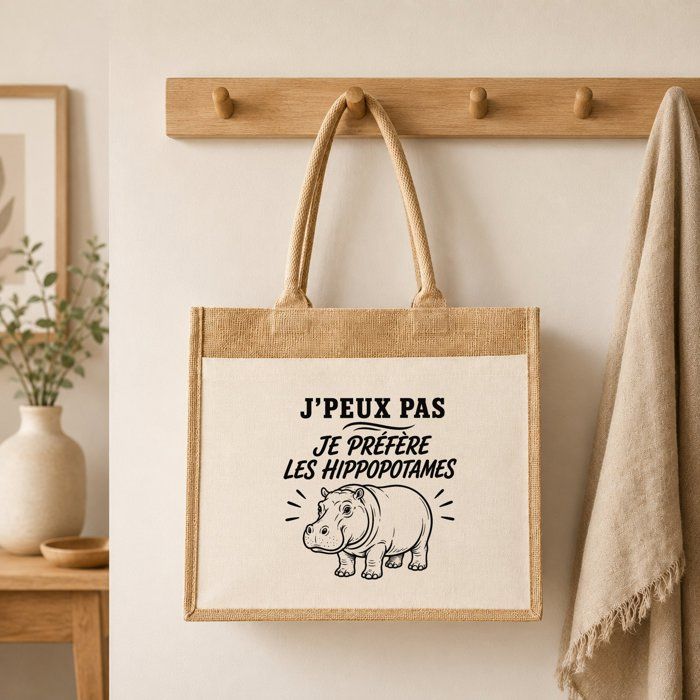 Sac cabas - PLANETEE - J'peux pas minimaliste - Toile de jute et coton - Motif hippopotames - 21 L