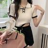 Color-blocking Polo-neck Regular-shoulder Knitted Short-sleeved T-shirt for Women Slim-fitting In Summer Design-sense Niche Short Top