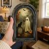Dark Aesthetic Home Decorations Halloween Arched Wooden Wall Hanging Plaque, Double-Layer Distressed Ghost Cat Ornament, Rustic Tabletop Signs Gothic