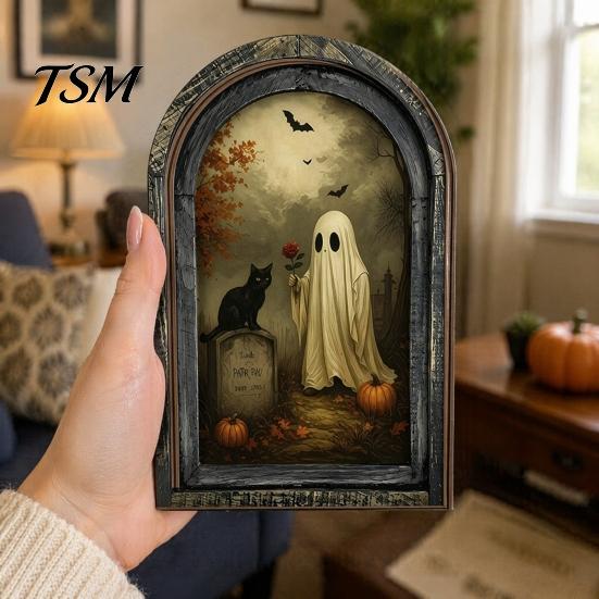 Dark Aesthetic Home Decorations Halloween Arched Wooden Wall Hanging Plaque, Double-Layer Distressed Ghost Cat Ornament, Rustic Tabletop Signs Gothic