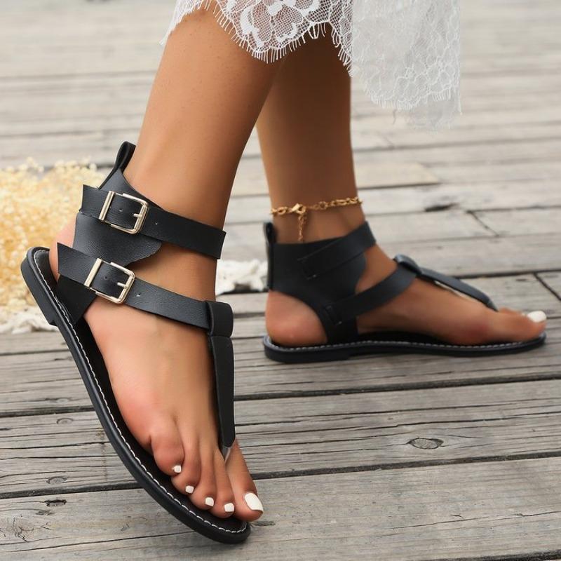 Низкий каблук клип носок римские женские туфли модные удобные ремни пряжка плоские высокие сандалии