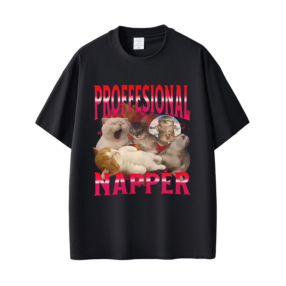 Professional Nap Cat Lover Funny Graphic T-shirt Unisex Women Casual Humor T-shirts Unisex's Cotton Oversized Short Sleeve T Shirts