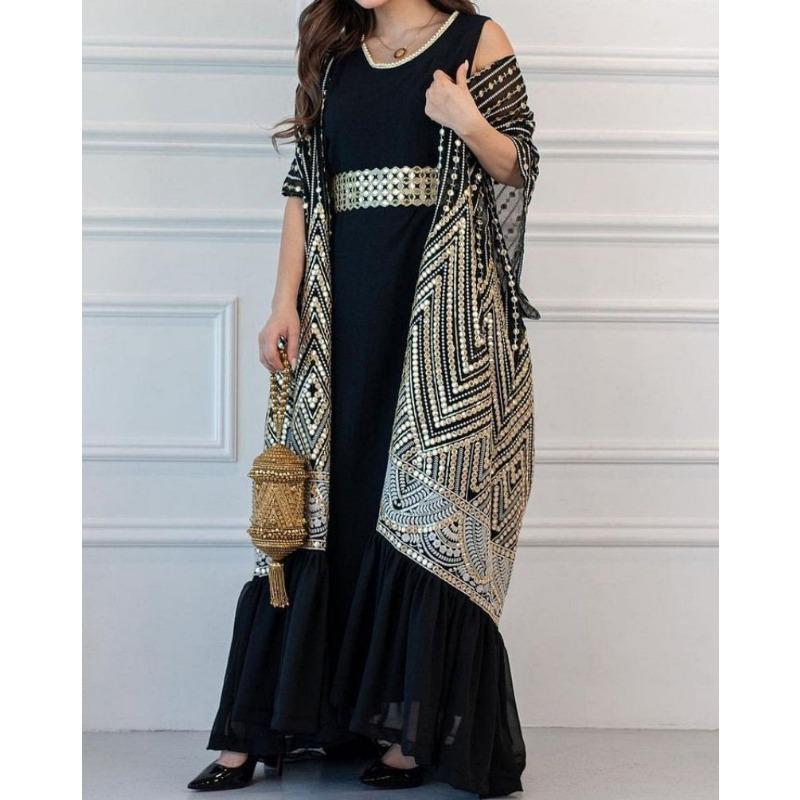 Spring and Summer Women's Dress Printed Fashion Urban Casual Bat Sleeve Drawstring Vest Dress Printed with Belt