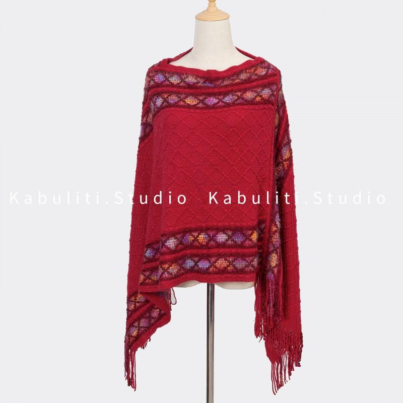 Knitted Hooded Cape Shawl Women Ethnic Style Yellow Wrap Scarf Warm Outdoor Travel Accessory