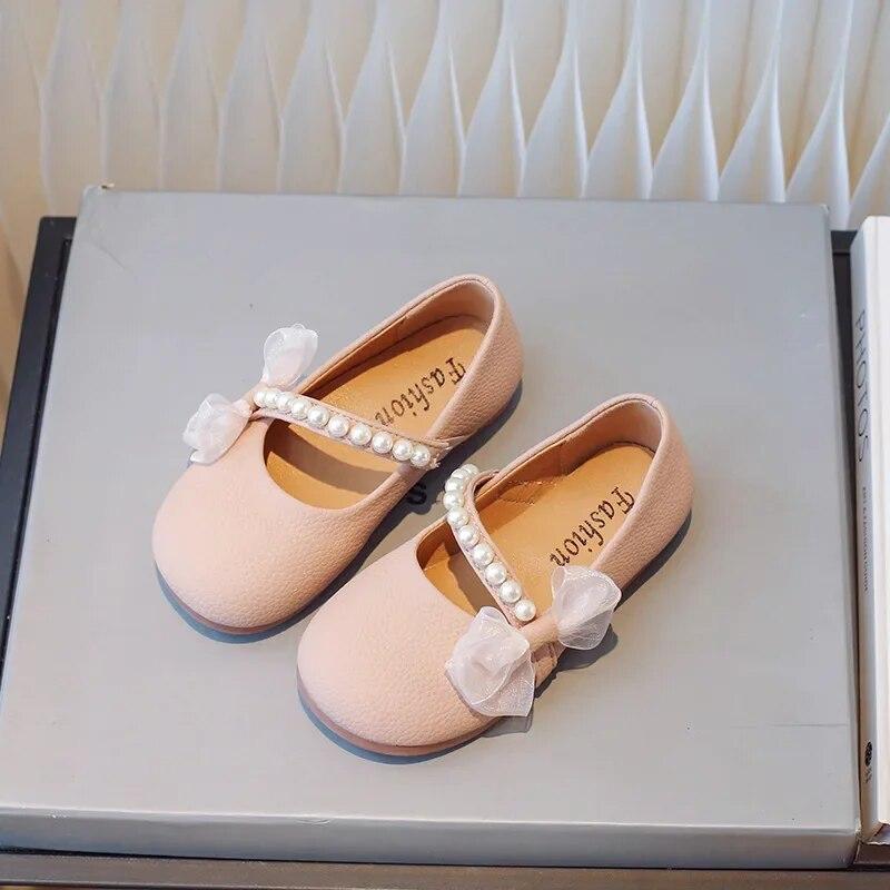 Girl Princess Leather Shoes Chic Versatile Soft Elegant Fashion Lace Bowknot Beading Kid Loafers Wedding Slip-on Mary Janes