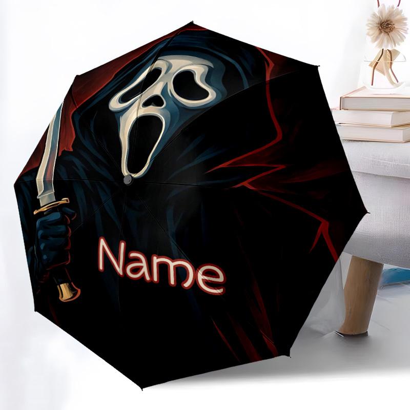 1PC Scream Mask - Custom Name Automatic Folding Umbrella - Compact 8-Rib Design, Durable Plastic & Iron, Daily Use S0106006