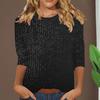 Women Tops Slim Fit Sequin Embellished Round Neck 3/4 Sleeves T-Shirt Loose Fit Solid Color Pullover Tops Daily Wear
