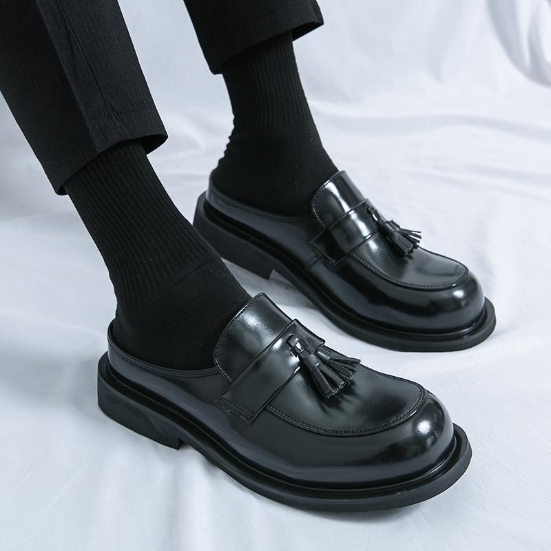 New Muller Shoes Men PU Tassel Decoration Low Heel Round Head Breathable Half Baotou Business Casual Shoes Large Size 38-46