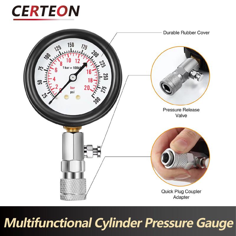 Cylinder Compression Tester 0-300 PSI Kit for Car Motorcycle Engine with M10 M12 Adapters Petrol Pressure Gauge Tool