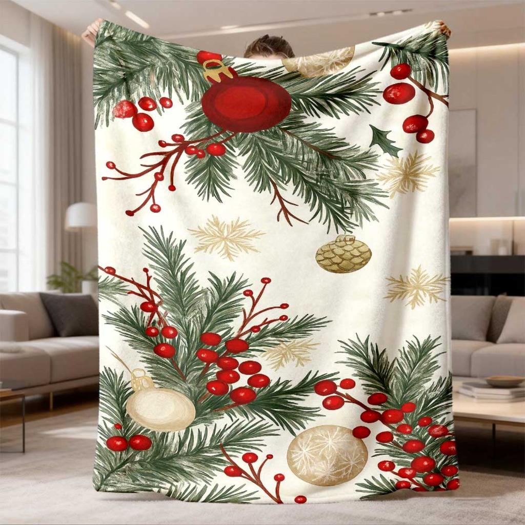 2026 Latest Flannel Blanket Tree Branches with Red Berries, Snowflakes & Golden Accents Soft Flannel Sofa Bed Throw AllSeason Cozy Blanket for Holiday