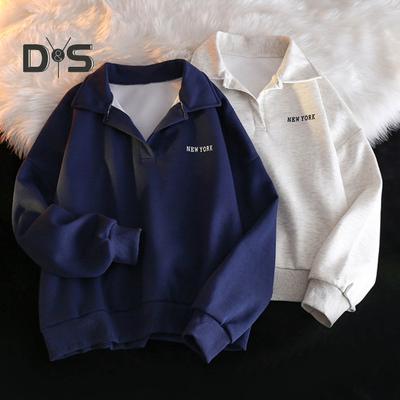 Женская толстовка осень-весна с отложным воротником, свободная, с длинными рукавами, однотонная, с тонкими эластичными манжетами и подолом, в спортивном стиле, для школы, повседневный топ