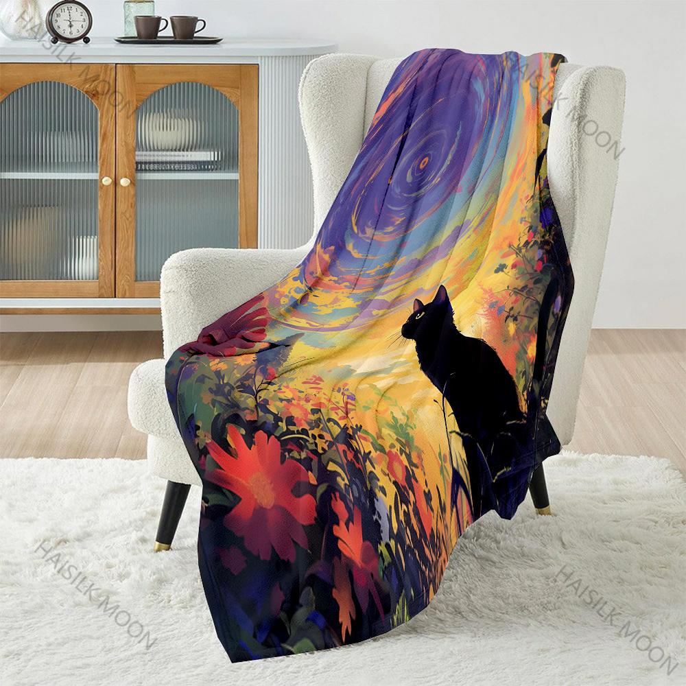 1PC Black Cat Night Sky Cartoon Art Blanket Warm Soft Fluffy Kids Adult Luxury Gifts for Sofa Bed Home Outdoor Travel Camping