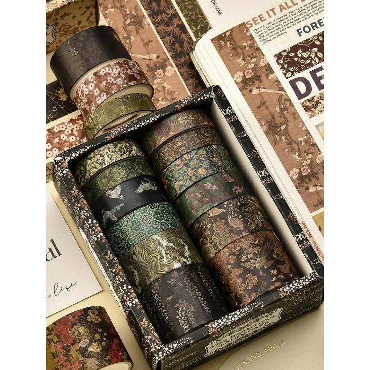 12 Rolls/Box Retro Landscape Washi Tape Creative Floral Mountain Crane Print Design Sticker Rolls Scrapbook And Gift Wrapping Decoration DIY Masking