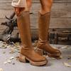 Retro Brown Thick Bottom Long Riding Boots Women 2025 Winter Comfort Platform Thick Heel Western Cowboy Boots Knee High Booties