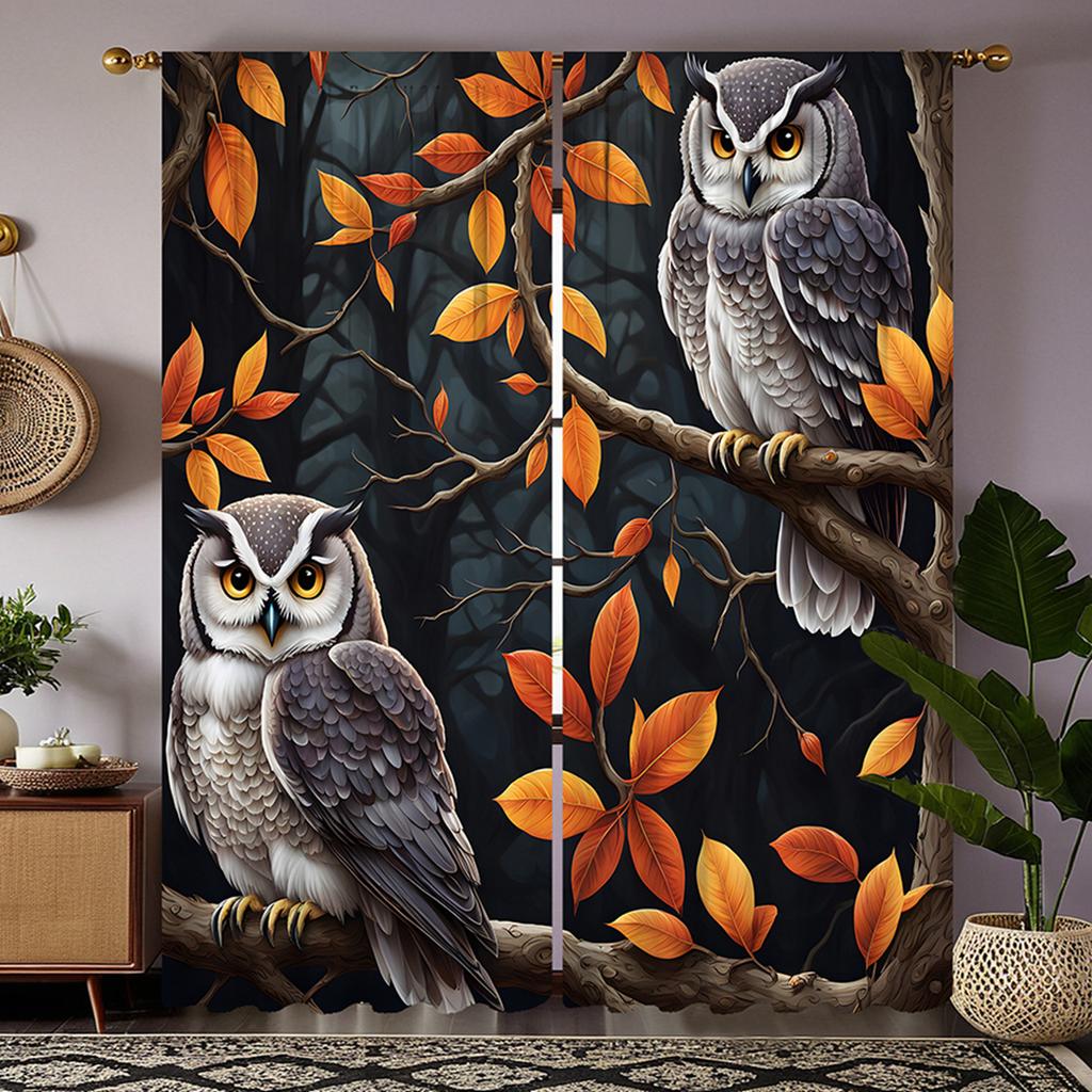 2 Pieces with HD Maple Tree Owl Decorative Curtain Black Tie Digital Printed Curtain Home Decoration Style Decoration Living Roo