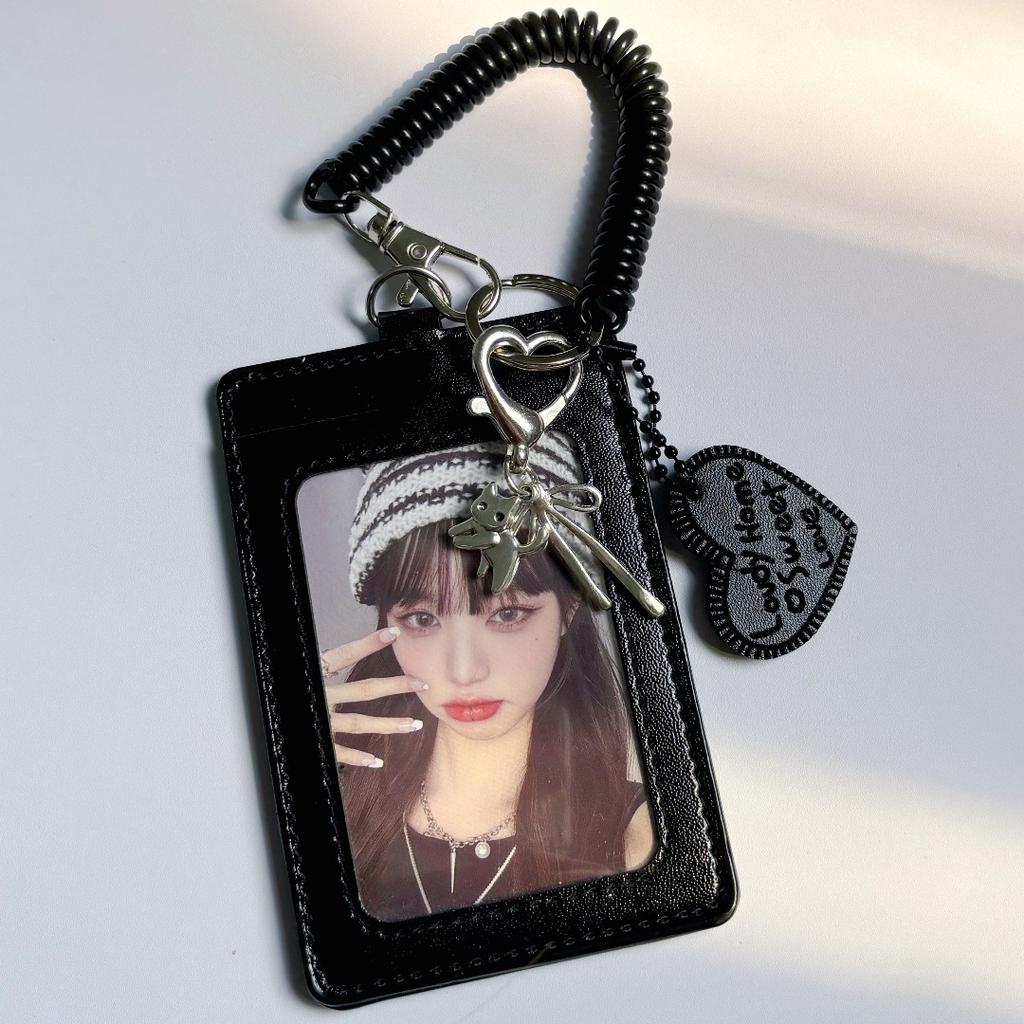 New Pu Black card holder album storage Key ring pendant Korean Card Sleeve with Protective Film Idol Photo Game Card Cover