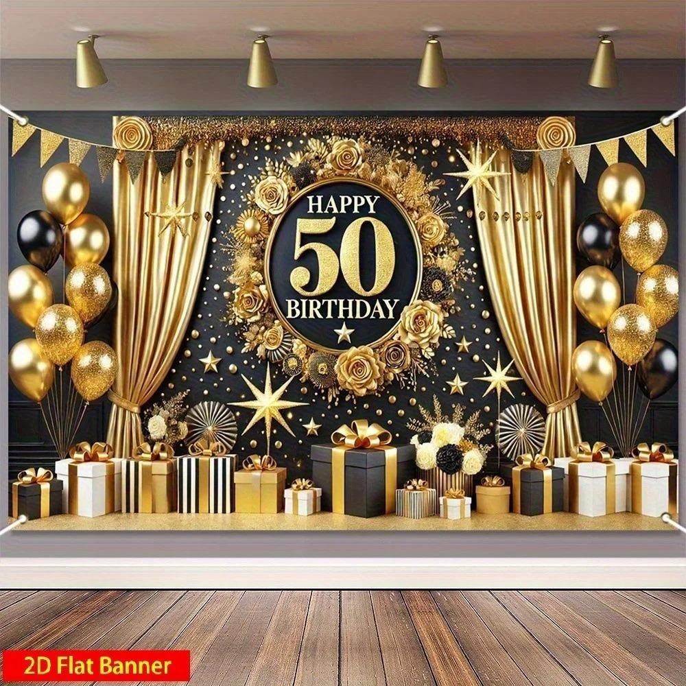 Black and Gold Balloon Gift Themed Banner Photography Backdrop Adult 50th Birthday Party Home Decoration Photography Backdrop