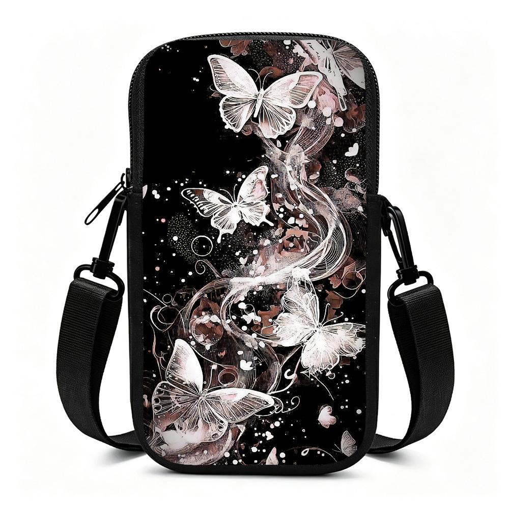 Elegant White Butterfly Floral Print Crossbody Phone Bag, Aesthetic Festive Pattern Mini Cell Phone Sling Pouch, Stylish Christmas Gift Small Shoulder