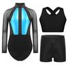 Girls Gymnastics Dance Outfit Mesh Long Sleeve Rhinestone Leotard Cross Back Vest Waistband Shorts