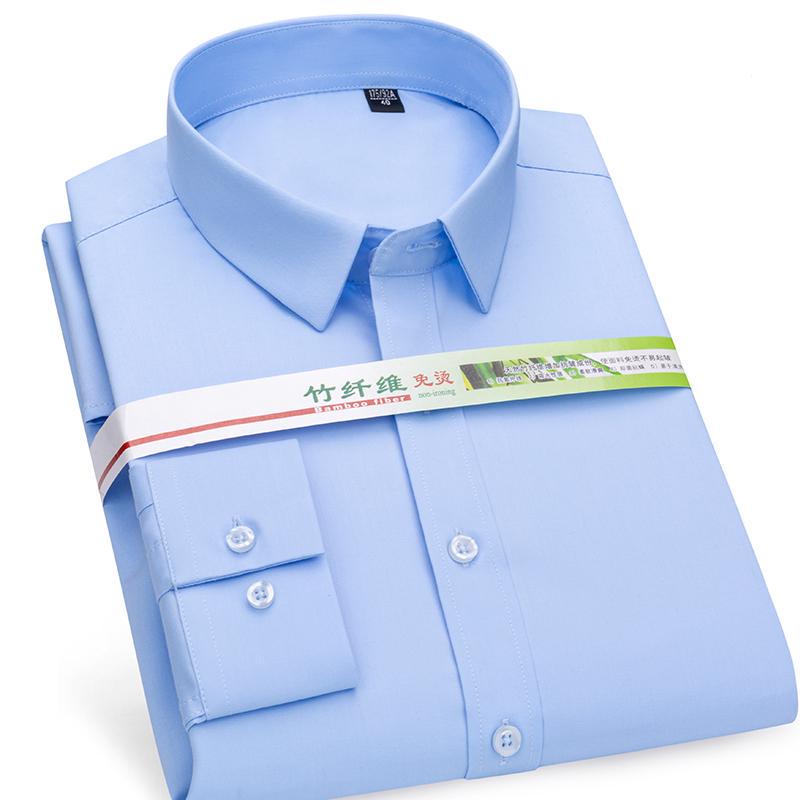 Men Square Collar Long Sleeve Casual Shirt Bamboo Fiber Regular Fit Soft Solid Formal Shirt Social
