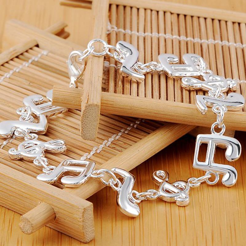 925 Sterling Silver Note Pendant Chain Bracelet Fashionable Charm Jewelry