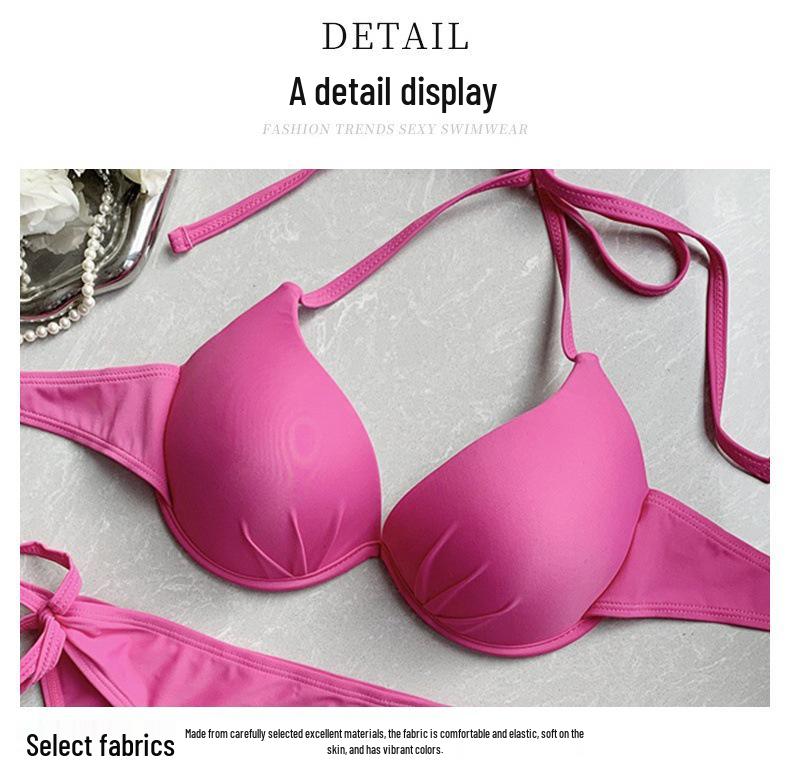 Розово-красный купальник-бикини из трех частей с косточками для маленькой груди