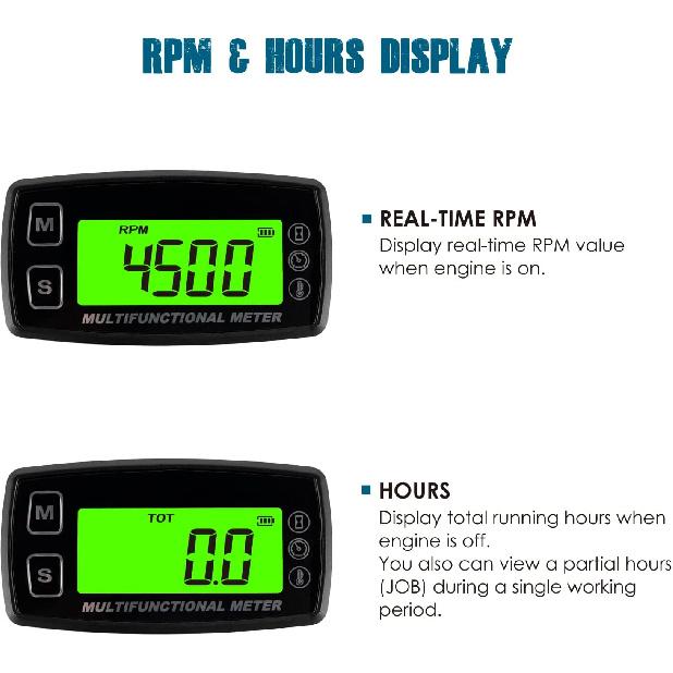 RL-HM035T-TS002 Digital Hours Tachometer, Engine Temp Gauge | RPM & Temp Alert, Replaceable Battery, Fits for Gasoline Engine Lawn Mower Generator