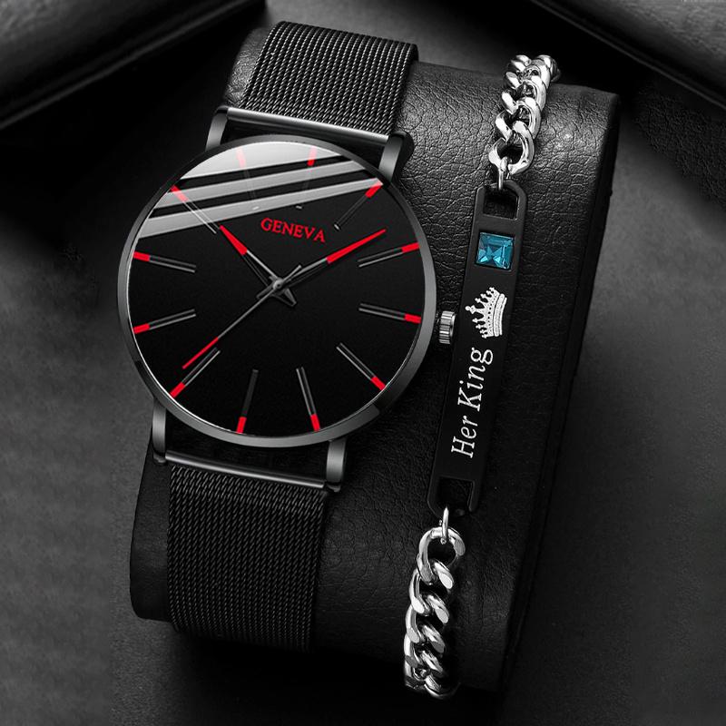 GENEVA 2 шт./комплект, элегантные модные мужские круглые кварцевые часы и браслет, идеи подарков для мужчин