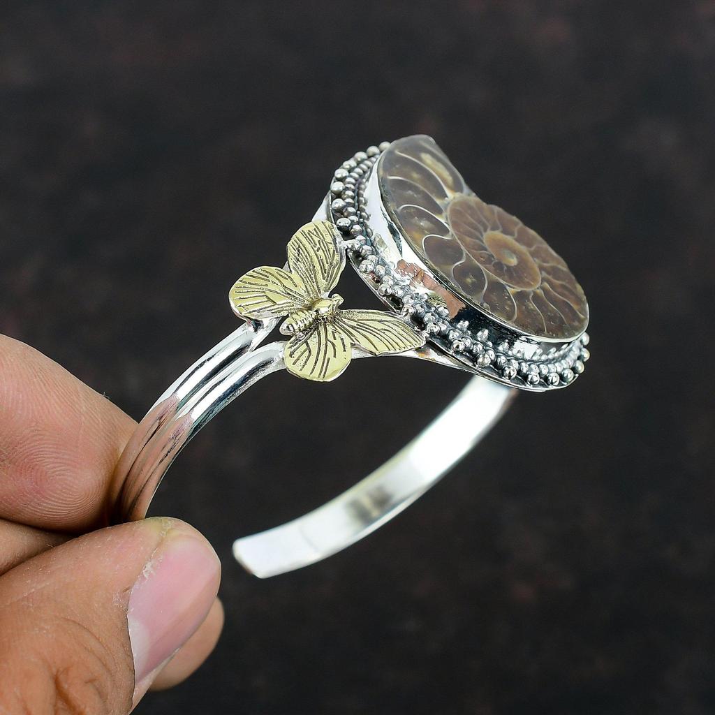 Ammonite Fossil Gemstone Cuff Bracelet 925 Sterling Silver Bangle 18K Gold Plated Butterfly Bangle Handmade Adjustable Cuff Gifts For Women