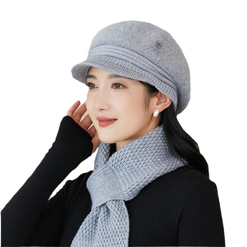 "Autumn/Winter Plush Rabbit Fur Hat & Scarf Set for Middle-Aged/Elderly: Warm, Windproof Knit with Gloves"