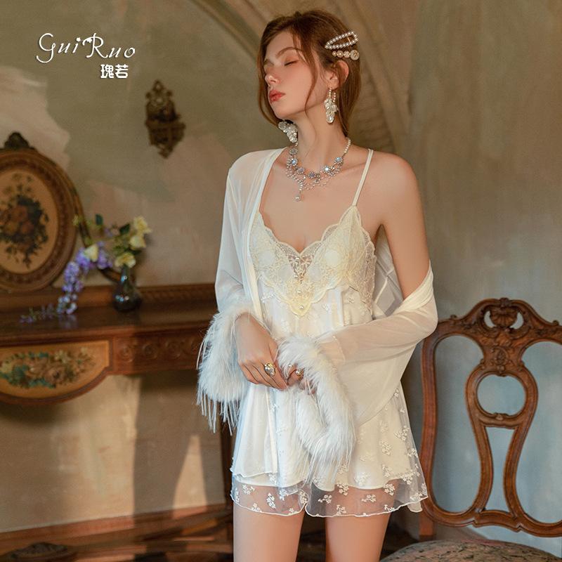 Women's Lace Sheer Mesh Deep V Padded Backless Sleep Dress with Robe Lounge Set