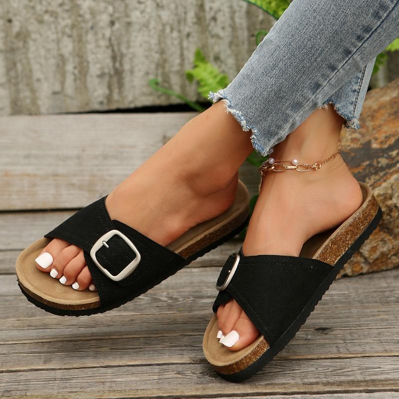 Women's Shoes 2024 Summer Hot Selling Fashion Open Toe Solid Color Medium Heel Flat Bottom Buckle Roman Women's Beach Slippers