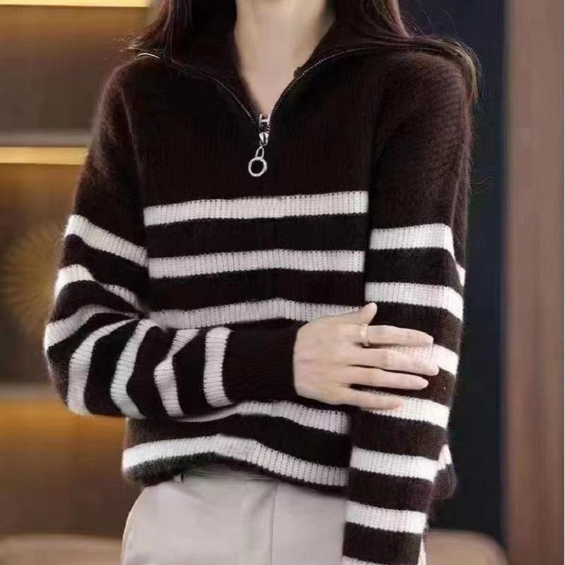 Fashion Lazy Han Fu Antique Version Turtleneck Contrasting Stripes Half Zipper Pullover Sweater Women's Autumn and Winter Wear Versatile Models