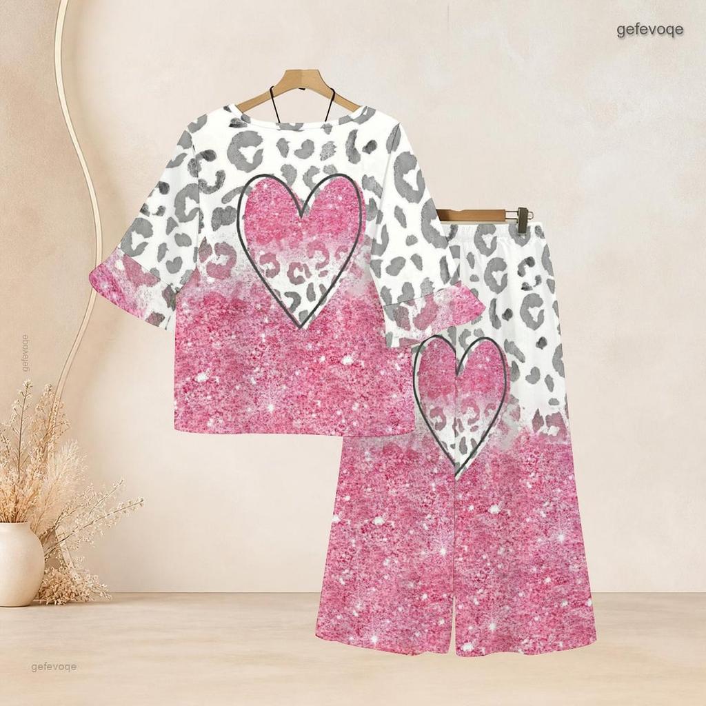 Women Plus Size Round Neck Flared Half Sleeve Green Printed Top And Long Pants Two Piece Set