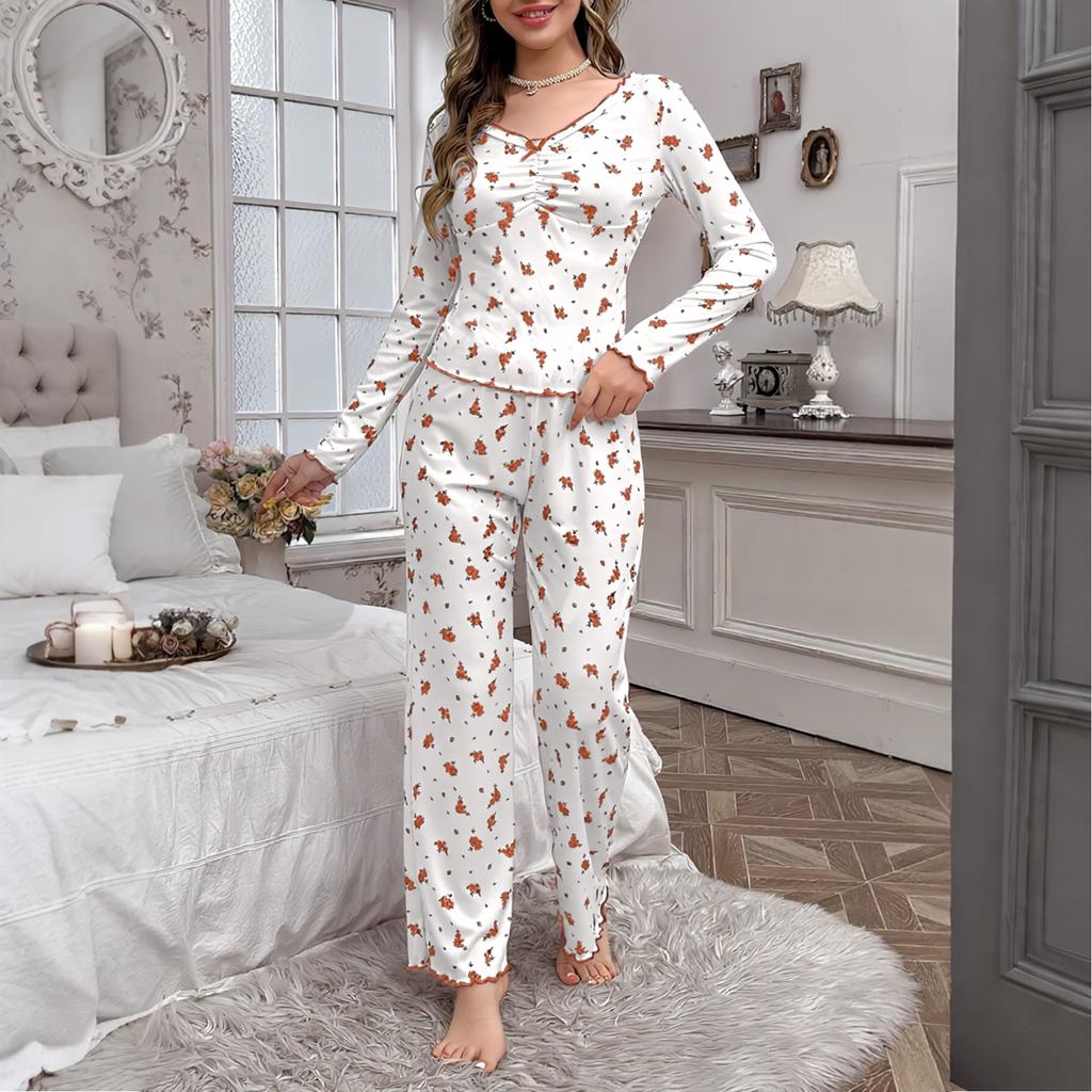 Женский костюм для сна с длинными рукавами и брюками с цветочным принтом
