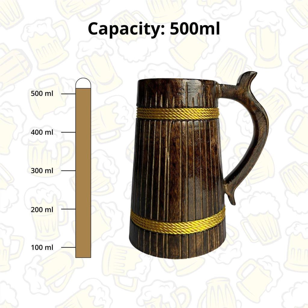 500ml Handmade Wooden Beer Mug, Mango Wood with Sheesham Finish, Barrel Style, Lightweight & Durable, for Craft Beer, Home Bar, Café, Party, Gift