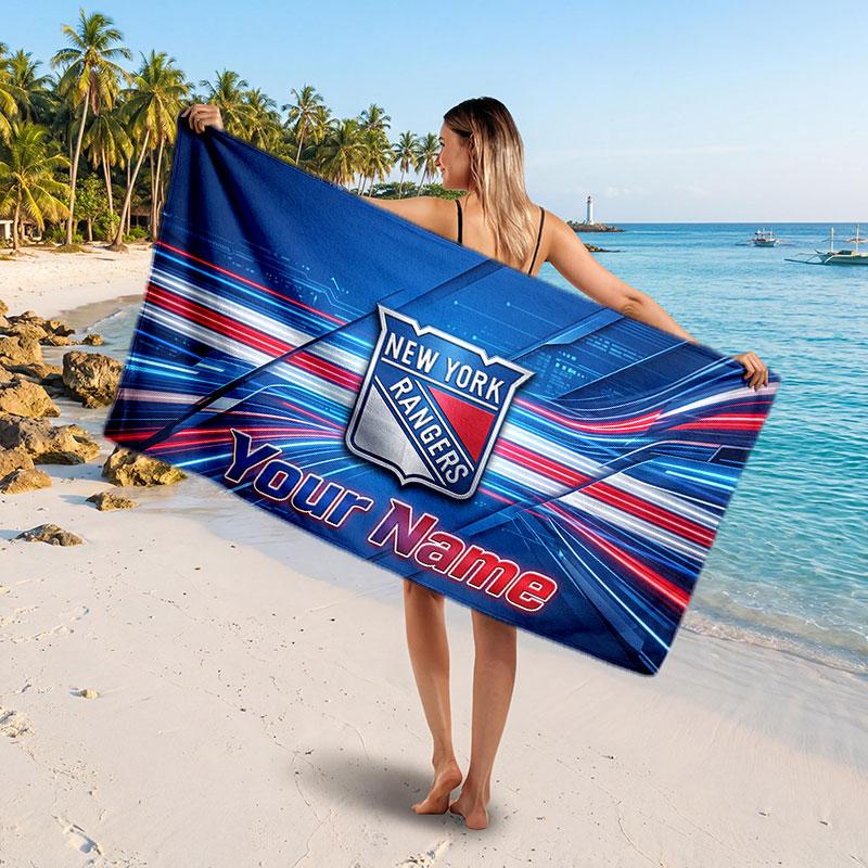 New York Rangers Customized Name Text Beach Towel, Soft Absorbent Towel Beach Pool Travel Personal Gift