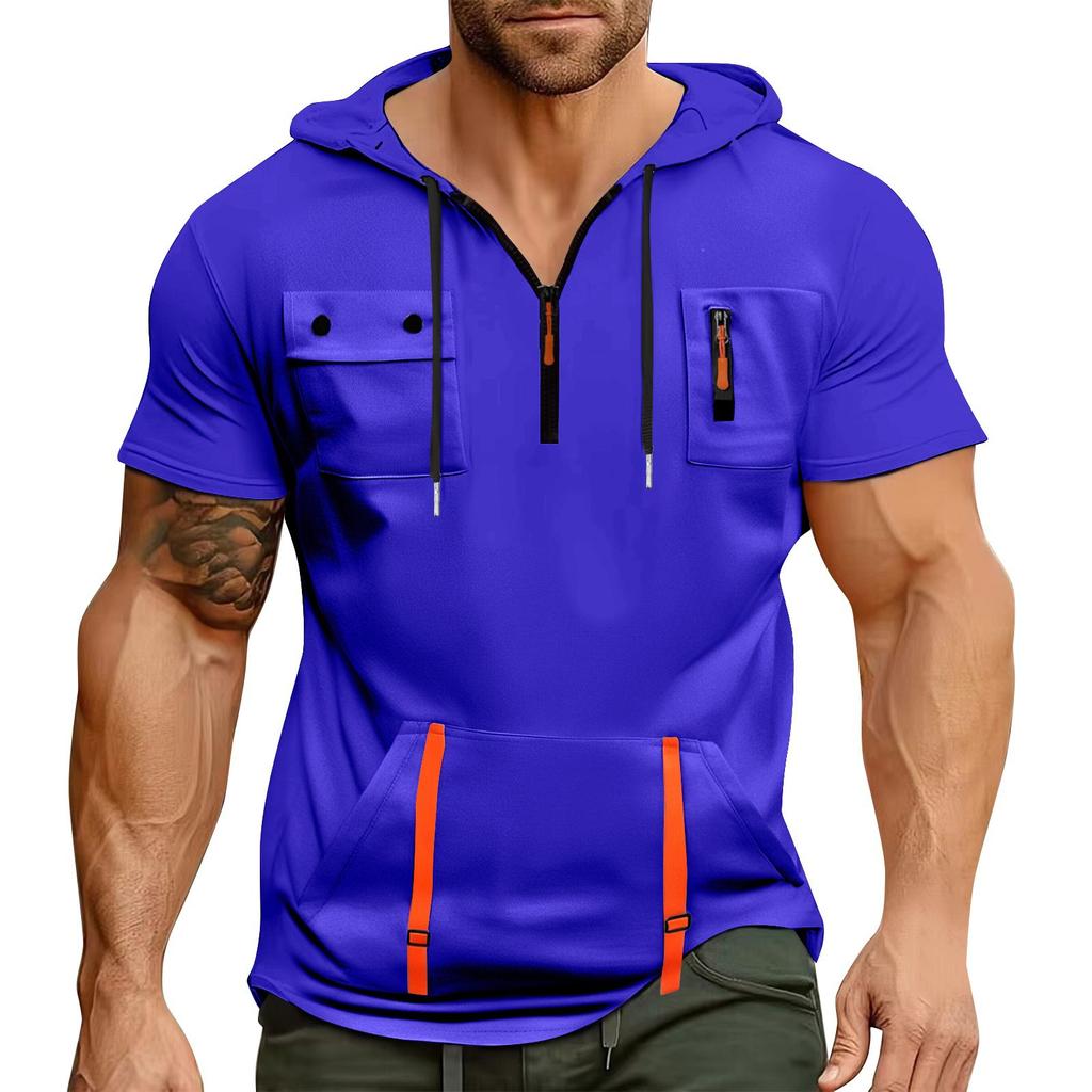 Men's Summer Shirt Zipper Pocket Short Sleeve Hooded Sweatshirt Men's Sports Large Size Casual Sweatshirt