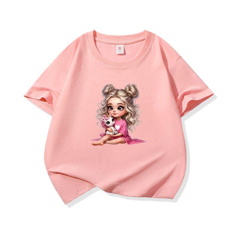Kids Cotton T Shirt Cute Girl Sitting With Unicorn Print Crew Neck Short Sleeve Tee Casual Boys Girls Summer Tops