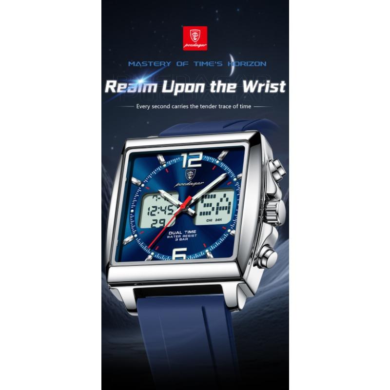 POEDAGAR Luxury Top Man Watch Electronic Square LED Alarm Chronograph Watches Week Date Dual Time Display Quartz Clock