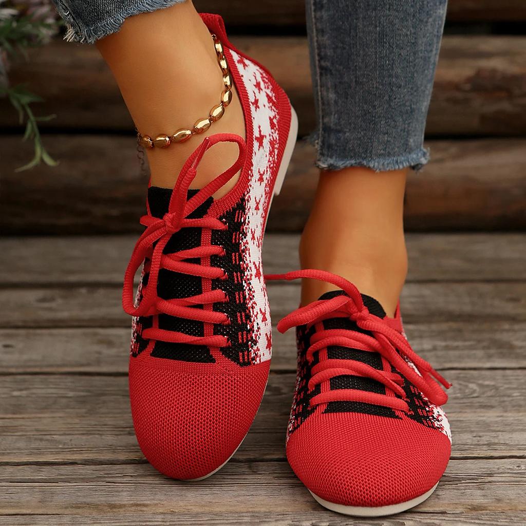 Women's Round Toe Flats Shoes Women Fashion Autumn Casual Lace-up Shoes Knitted Mesh Breathable Flat Shoes Woman Sneakers