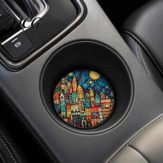 Easy Clean Car Coasters 2PCS Coasters, Oil Painting Print, Decorative Non-Slip Thermal Pads, Stain-Resistant Modern Accessory Gift to Cup Holders, for