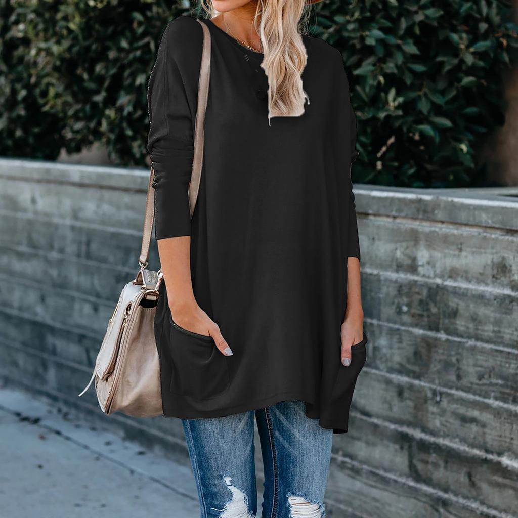 Women's Solid Color O-neck Long Sleeve T-shirt Pocket Size Top