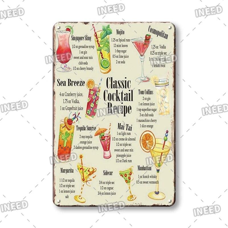 Retro Vintage Cocktail Recipe Tin Signs Metal Vintage Plaque Beer Metal Plate Decorative Plaque For Bar Pub Man Cave Wall Decor