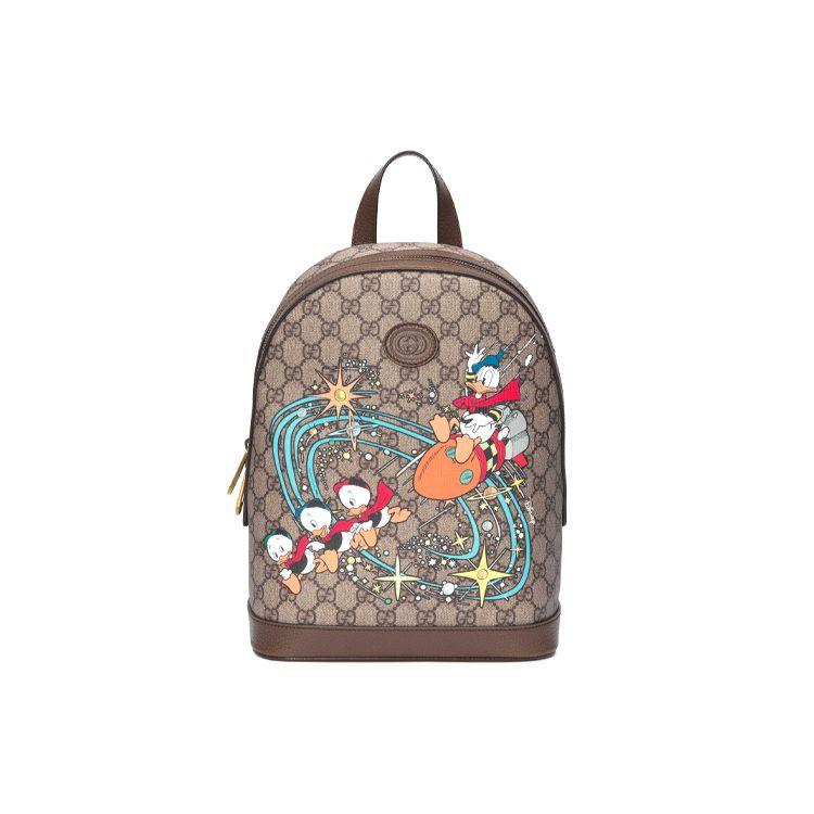 Gucci X Сумка-рюкзак Disney Дональд Дак GG Supreme Бежевая Коричневая Кожаная Отделка Печатная Сумка через плечо для женщин Ежедневная поездка 552884-2N2AT-8683