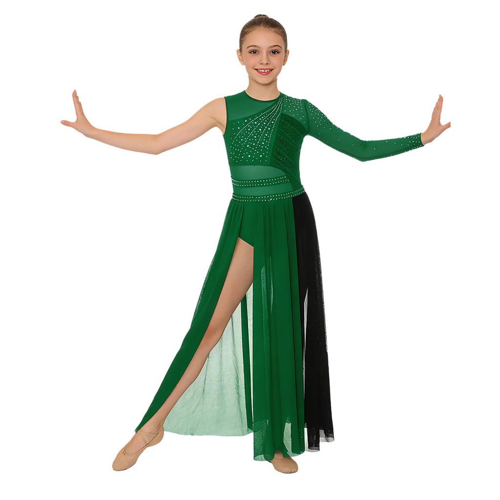 Kids Girls Dance Competition Dress: Color Block Patchwork Side Split Mesh with Shiny Rhinestones & Back Invisible Zipper for Lyrical Performance